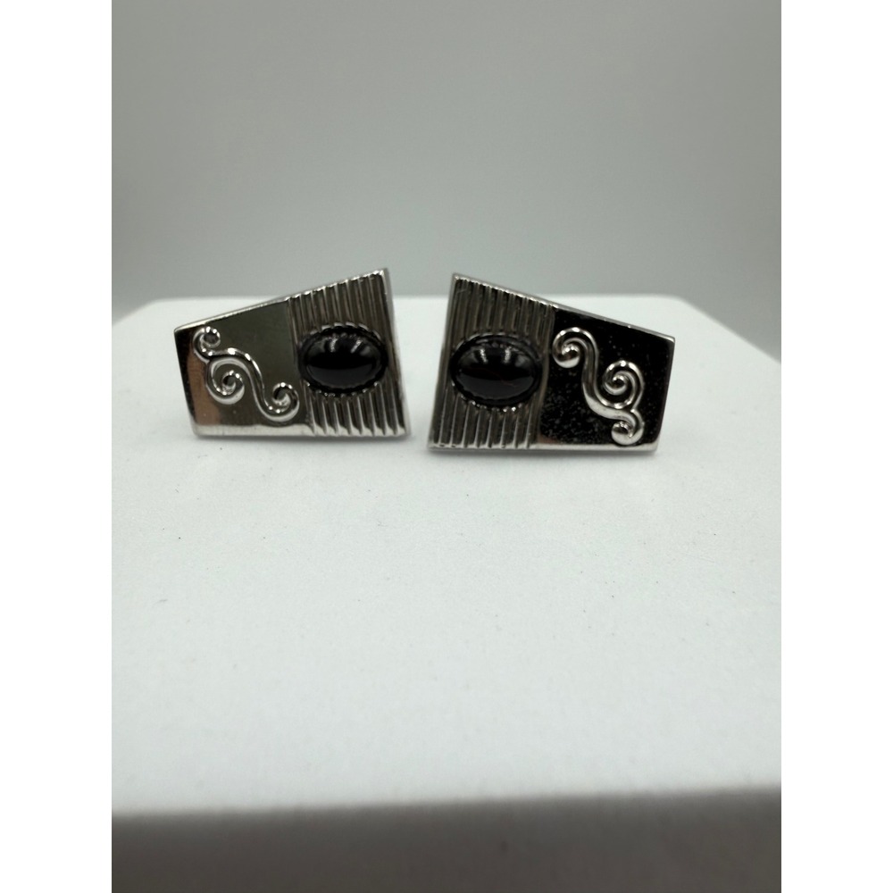 VTG Foster Silver‎ Tone Black Cabochon Scroll Trapezoid Cufflinks Mens Jewelry